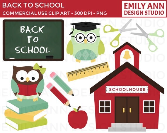 School Owls Apple Books Schoolhouse Learn Read Cute Clip Art - Commercial Use - Scrapbooking Invitations Cards - Instant Download Il_570xn