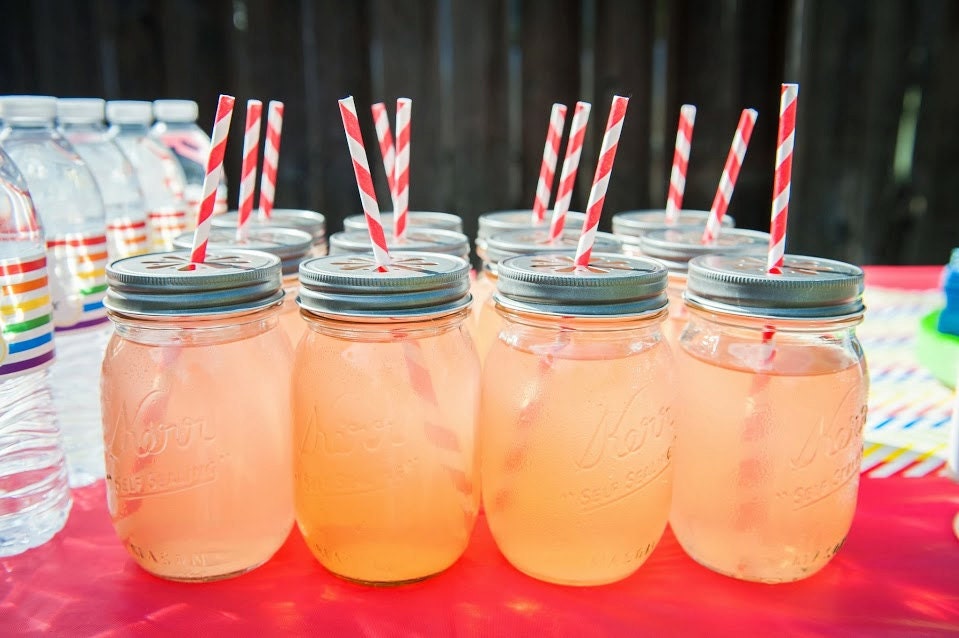 50 PEWTER Daisy Cut Mason Jar Lids for Tumblers Cups Glasses Wedding Baby Shower Kids Birthday party Table Setting Favors w/ Straw Flags Il_570xn