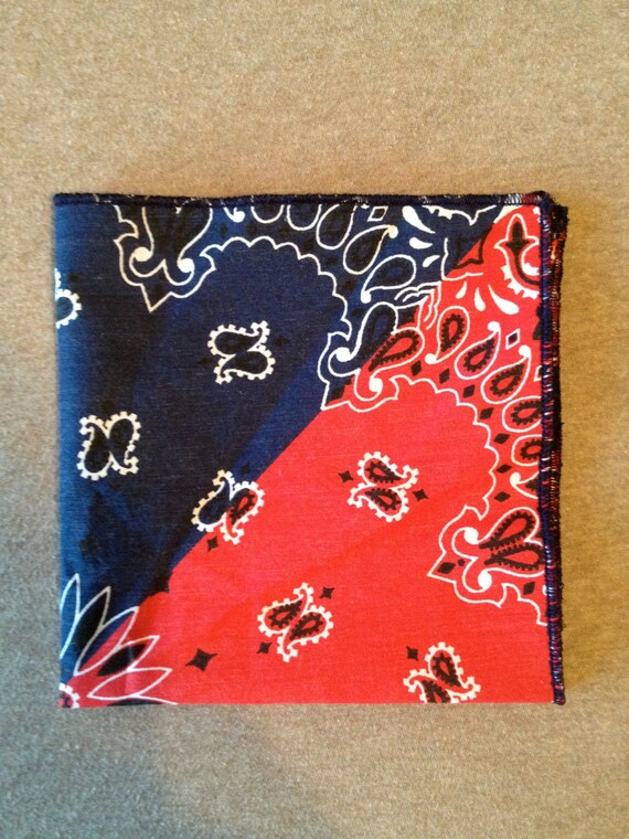 Items similar to Pocket Square - Navy & Red Bandana with Navy Sewn ...