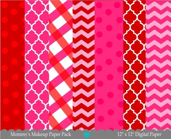 WINTER SALE - Mommy's Makeup Digital Paper Pack - Pink, Red, Polka Dot, Chevron, Printable Papers Il_570xn