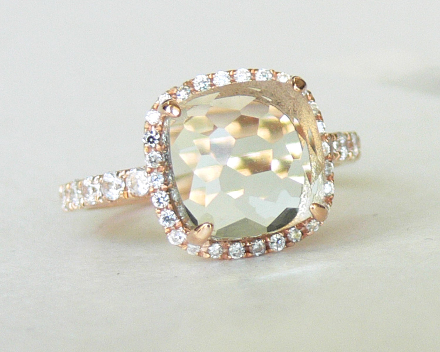 Ready to Ship - Green Amethyst Pristinely Cushion Cut 18K Rose Gold Vermeil Ring - ShowcaseJewelry