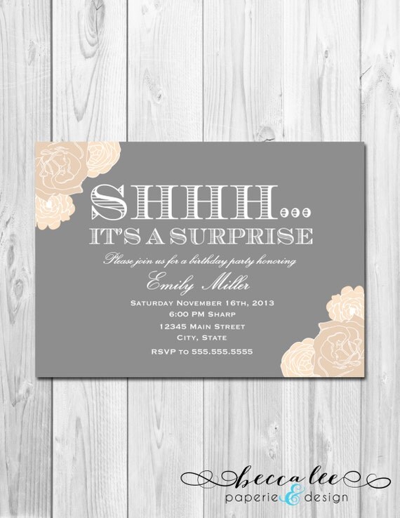 Surprise Party Invitation - Tan and Grey Floral - DIY - Printable Il_570xn