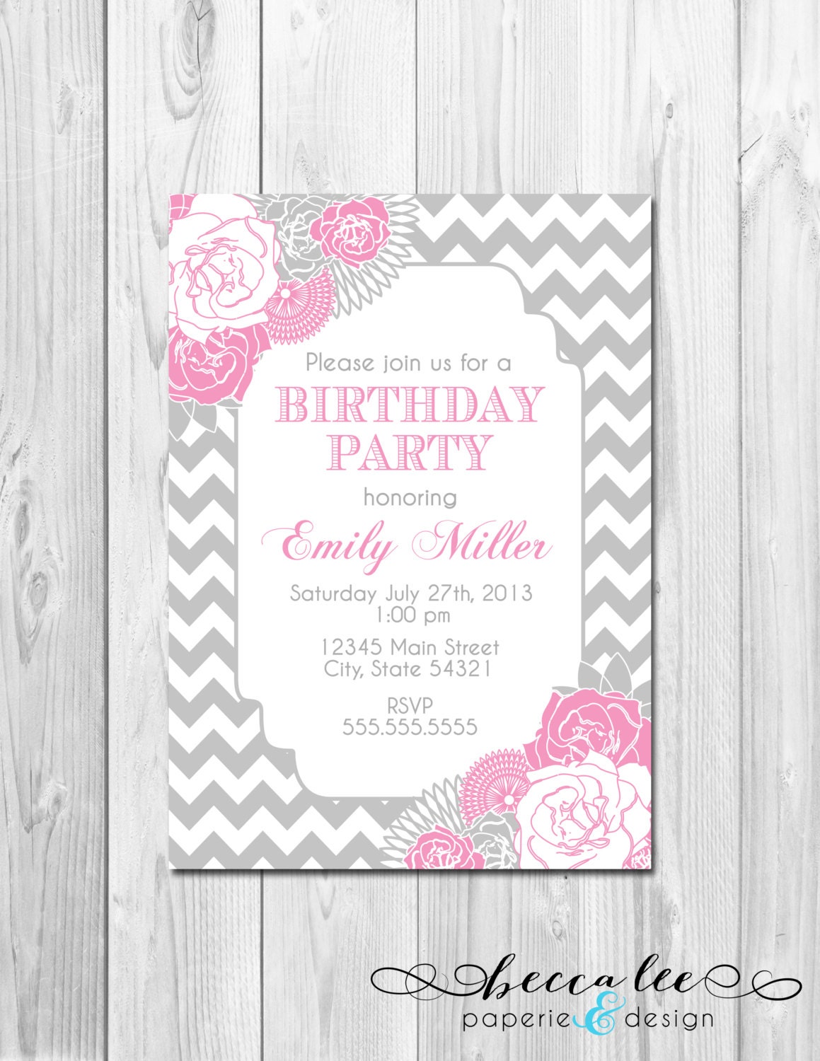 Birthday Party Invitation Chevron Stripes & Floral - Pink and Grey - DIY - Printable Il_570xn