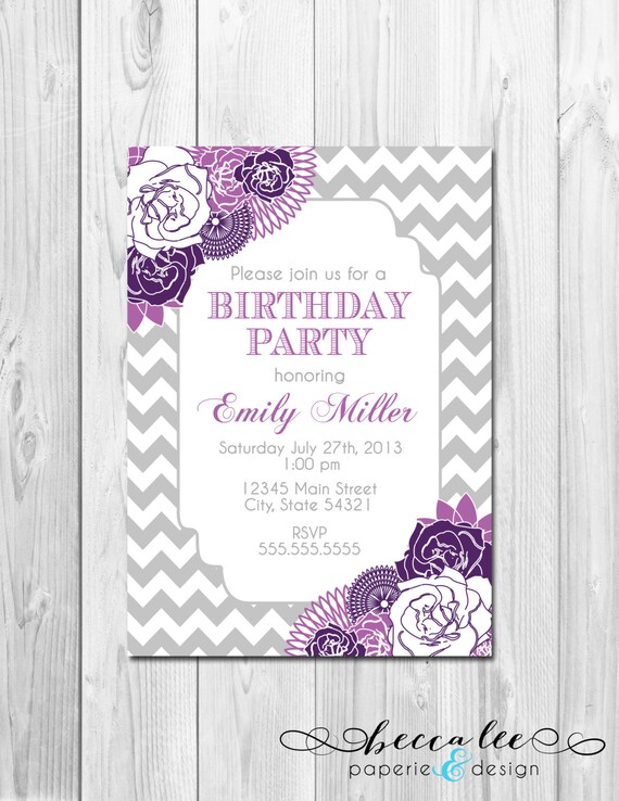 Birthday Party Invitation Chevron Stripes & Floral - Purple and Grey - DIY - Printable Il_570xn