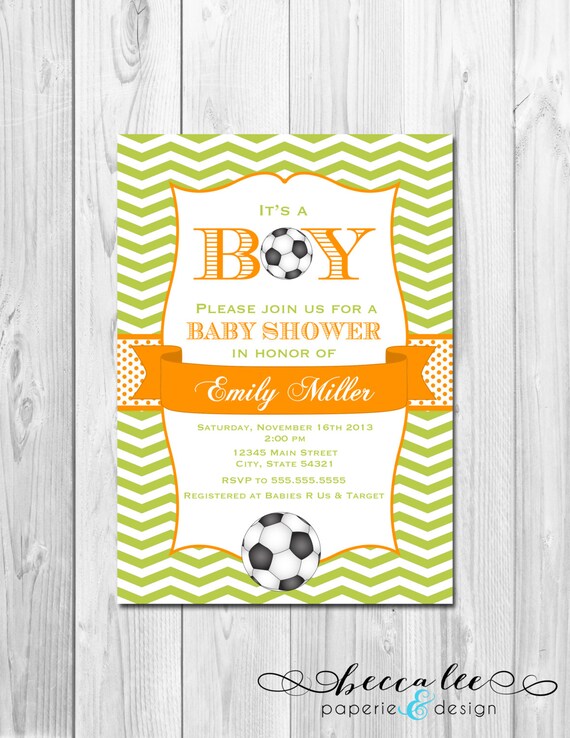 Soccer Baby Shower Invitation - Chevron Stripes - Orange and Green - DIY - Printable Il_570xn