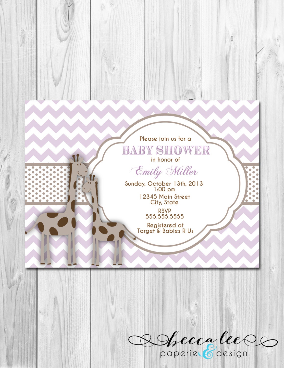Little Giraffe Baby Shower Invitation - Brown and Purple- Chevron Stripes - DIY - Printable Il_570xn