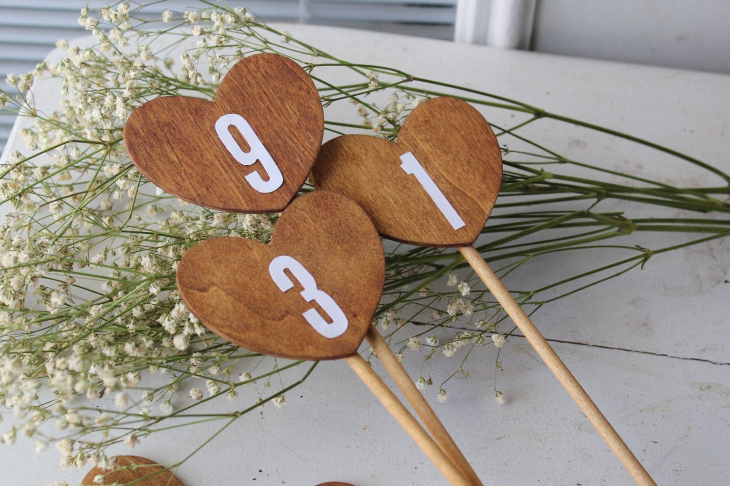 14 wood heart table numbers on a stick . table number wedding centerpieces . heart table numbers .  woodland wedding numbers