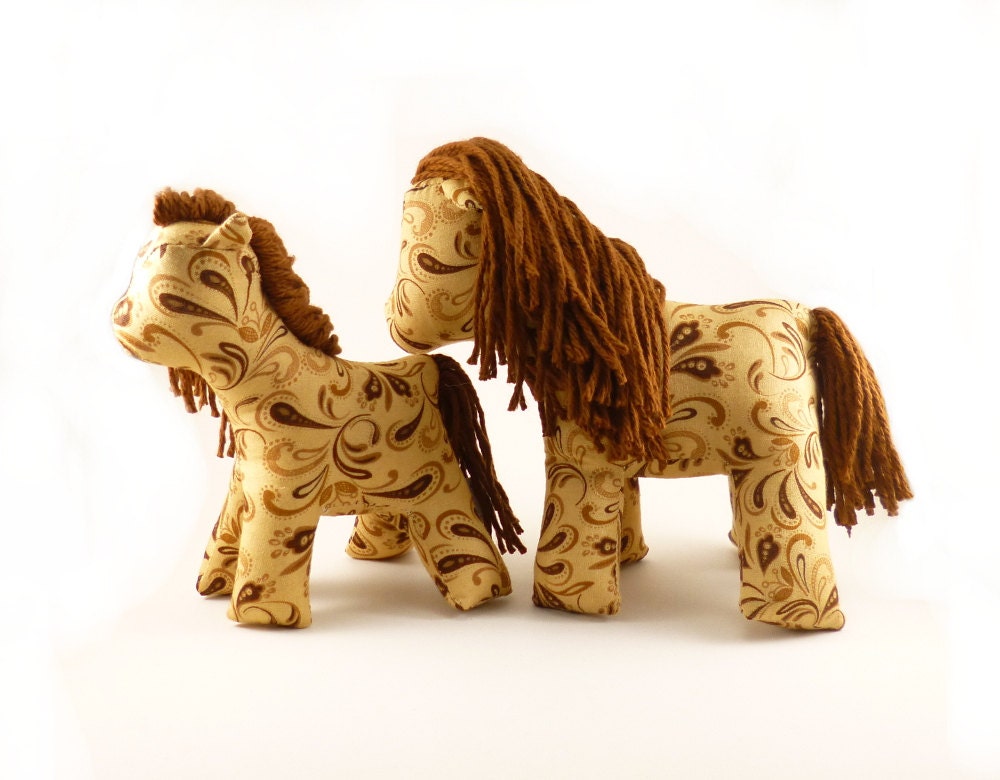 Toy horse family, mom and baby pony, stuffed animal, plush pony family, tan with brown mane and tail - IndigoSews