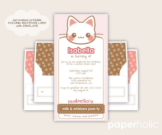 Kitty Cat Kitten Personalized Party Invitation Set - Printable Craft Card by Paperholic Il_570xn