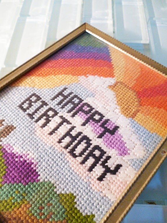 Vintage Happy Birthday Needlepoint Rainbow by VintageAndOddities