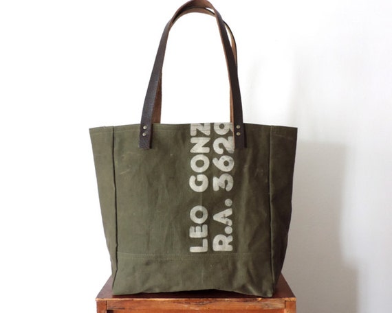 Military Canvas Leather Tote Bag WWII Recycled