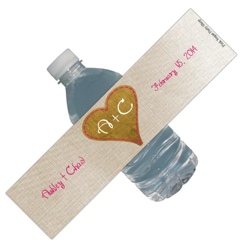 Burlap Heart Water Labels (25ct) Wedding Bridal Waterproof Bottle Labels Customized Any Color Il_570xn