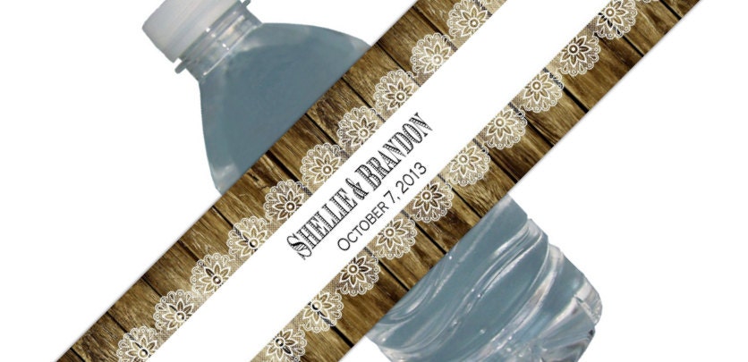 Barnwood Lace Water Labels (25ct) Rustic shabby chic Wedding Bridal Shower Waterproof Bottle Labels Customized Any Color Il_570xn