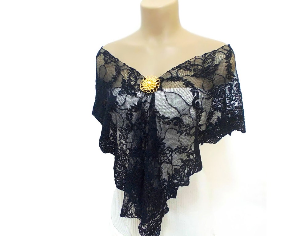 Lace Shawl- Lace Capelet- Scarf- Brooch Shawl- Free Shipping- Neck collar- Black- Costume Design- Wrap- French Lace Shawl- Black Laced Shawl - HAREMDESIGN
