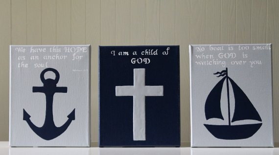 Nursery Decor Acrylic Painting Nautical Painting Anchor Cross Sailboat 