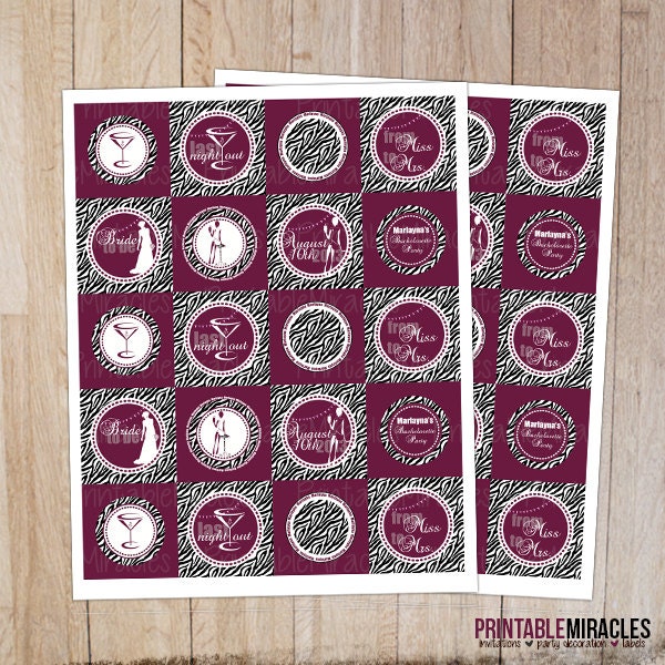 Bachelorette party decorations Bridal shower Printable bride stickers zebra purple cupcake toppers DIY silhouettes circles personalized Il_570xn