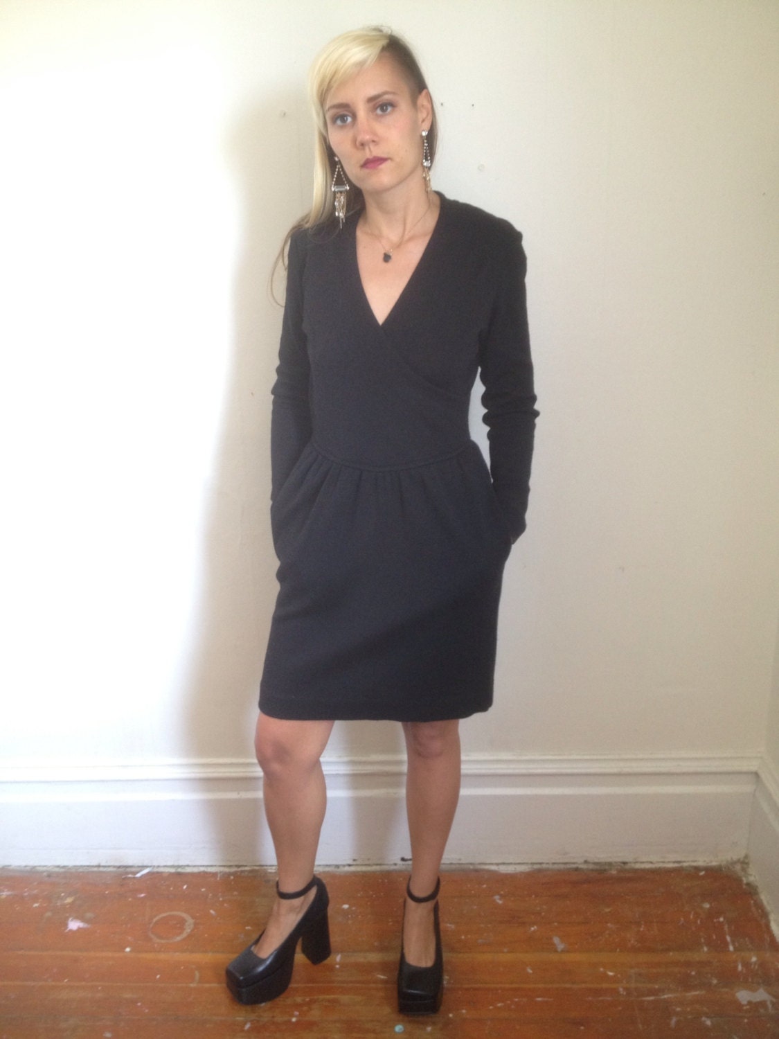 80s Black Liz Claiborne Wool Wrap Dress size 8