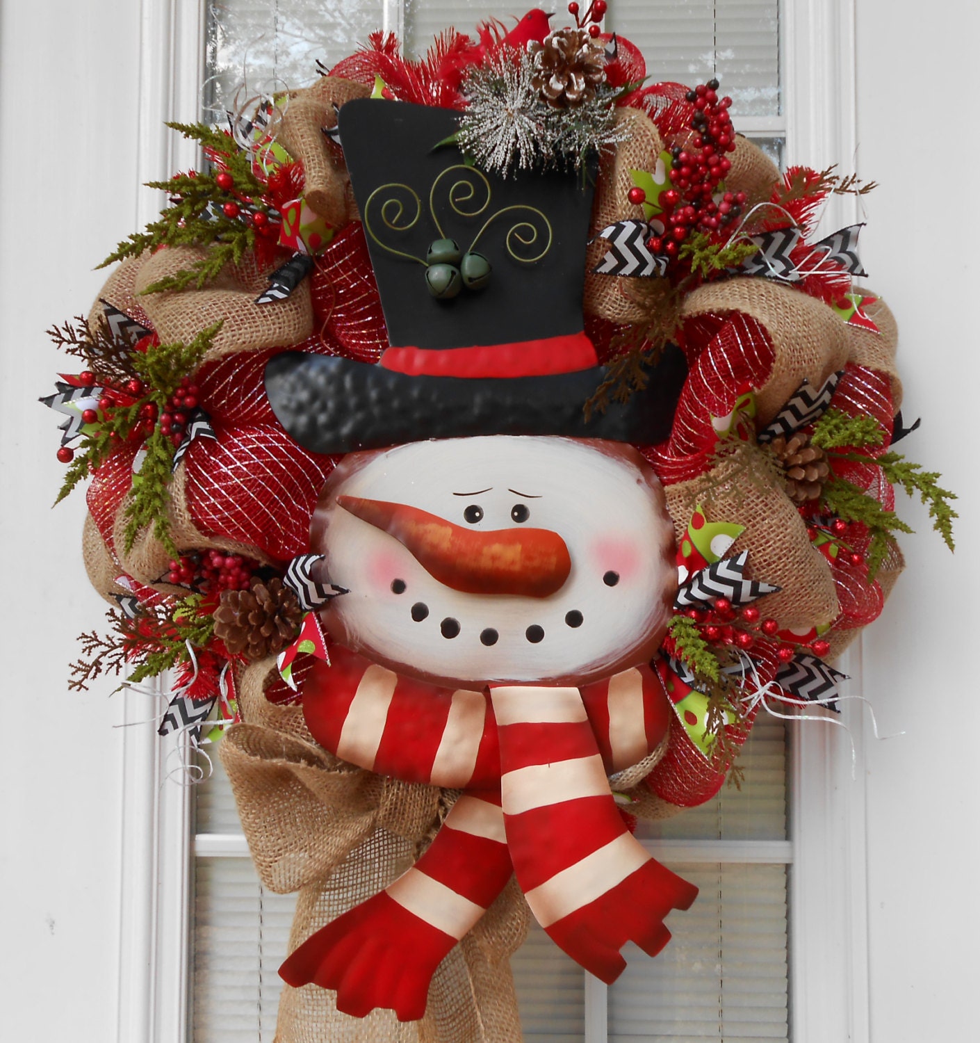 Items similar to Deco Mesh/Burlap Large Snowman Wreath/Winter/Christmas
