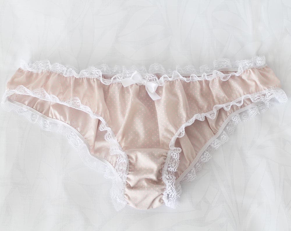 Boho Cotton Panties with White Lace Trim - Ruffled Knickers - Cream and Pink Polka Dot Panties Retro Bohemian Lingerie - Back to school - OllegoriaLingerie
