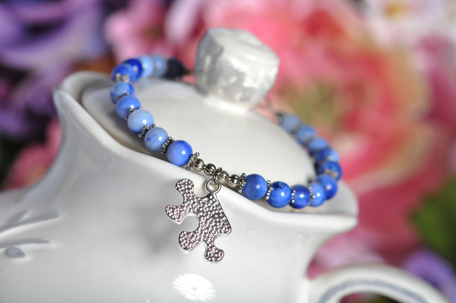 Autism Awareness - Charm Bracelet Puzzle Piece - Light Blue Sodalite Stone - Free Shipping - CreativeDesignsByEJ