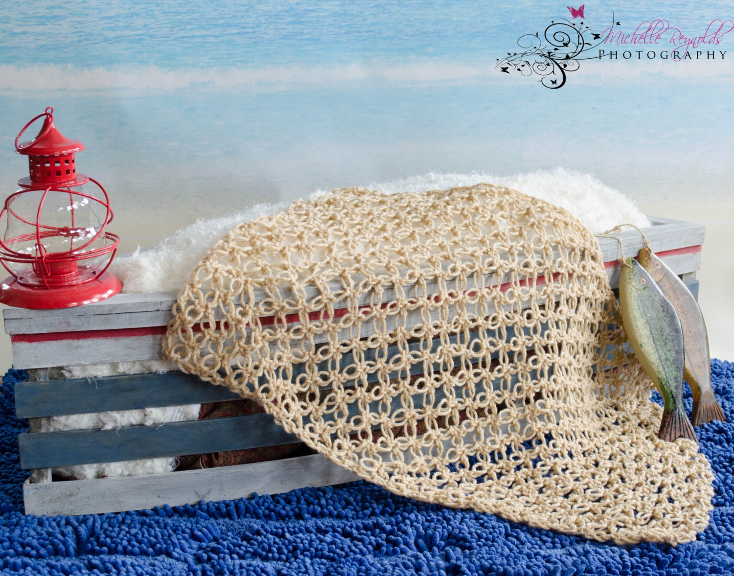 Crochet Fishing Net Wrap Blanket Photography by GigisCrochetProps