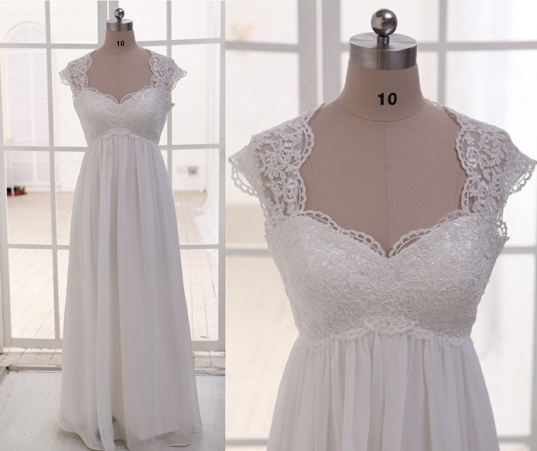 Lace Chiffon Wedding Dress Cap Sleeves Empire Waist By Misdress 0970