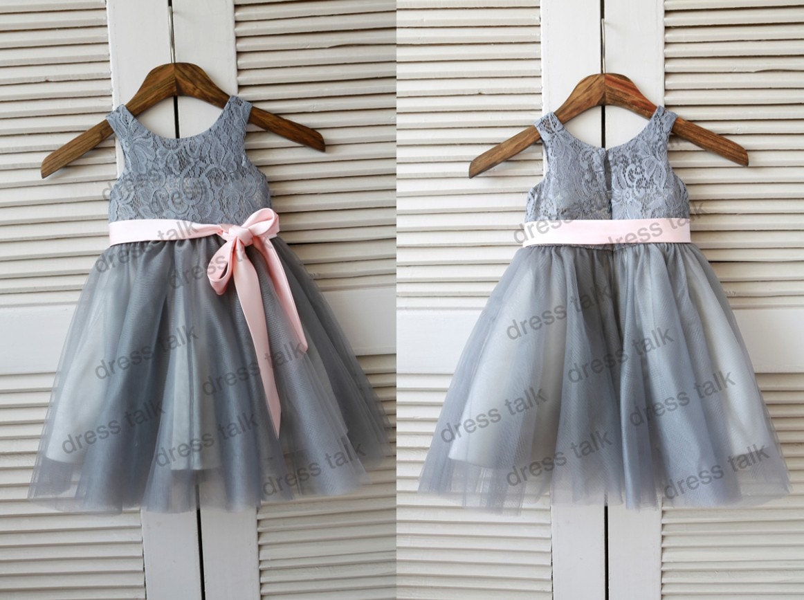 Grey Lace Tulle Flower Girl Dress Junior Bridesmaid Dress with Pink Sash