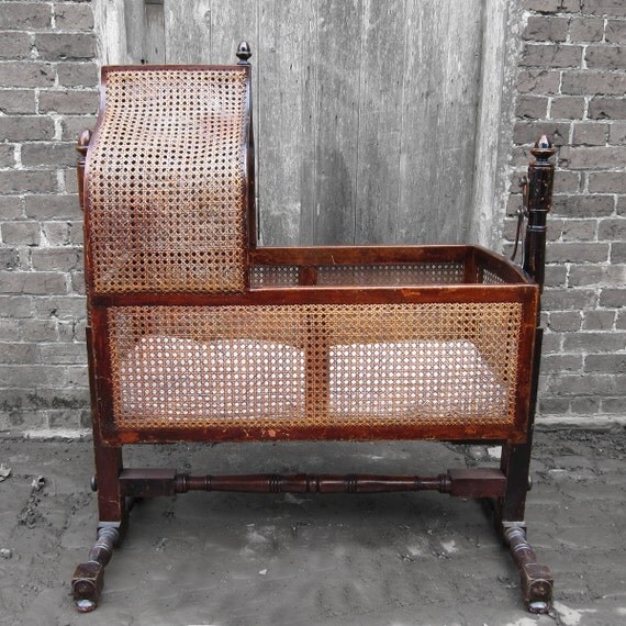 Items similar to Antique Cradle Victorian Babys Childs Wicker Mahogany Crib Circa 1850 on Etsy