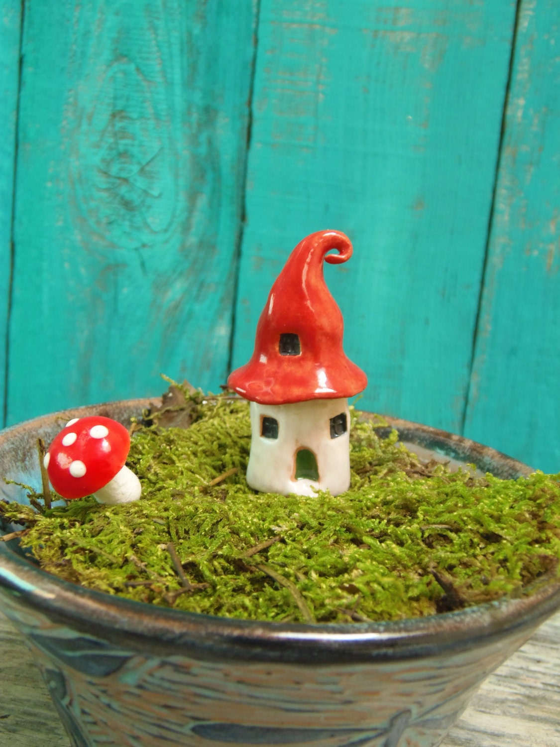 Fairy home with swirly red roof- OOAK porcelain mini house- handmade ceramic miniature