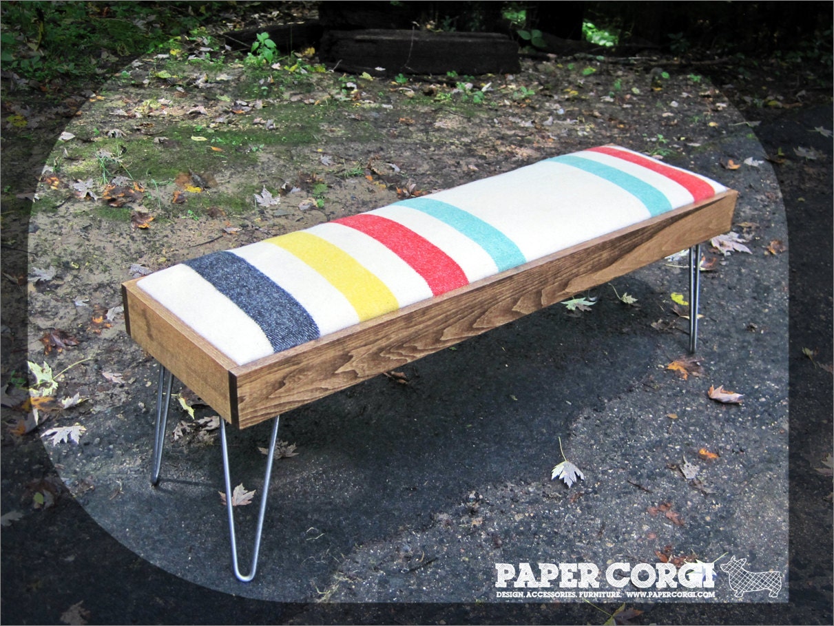 Modern Hairpin Leg Bench with Vintage Glacier by
