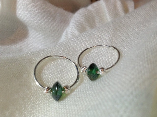 Sara - Sterling Silver medium hoop earrings - 18mm, green metallic lampwork center bead and Sterling Silver corrugated beads.  FREE SHIPPIN - SundariJewelry