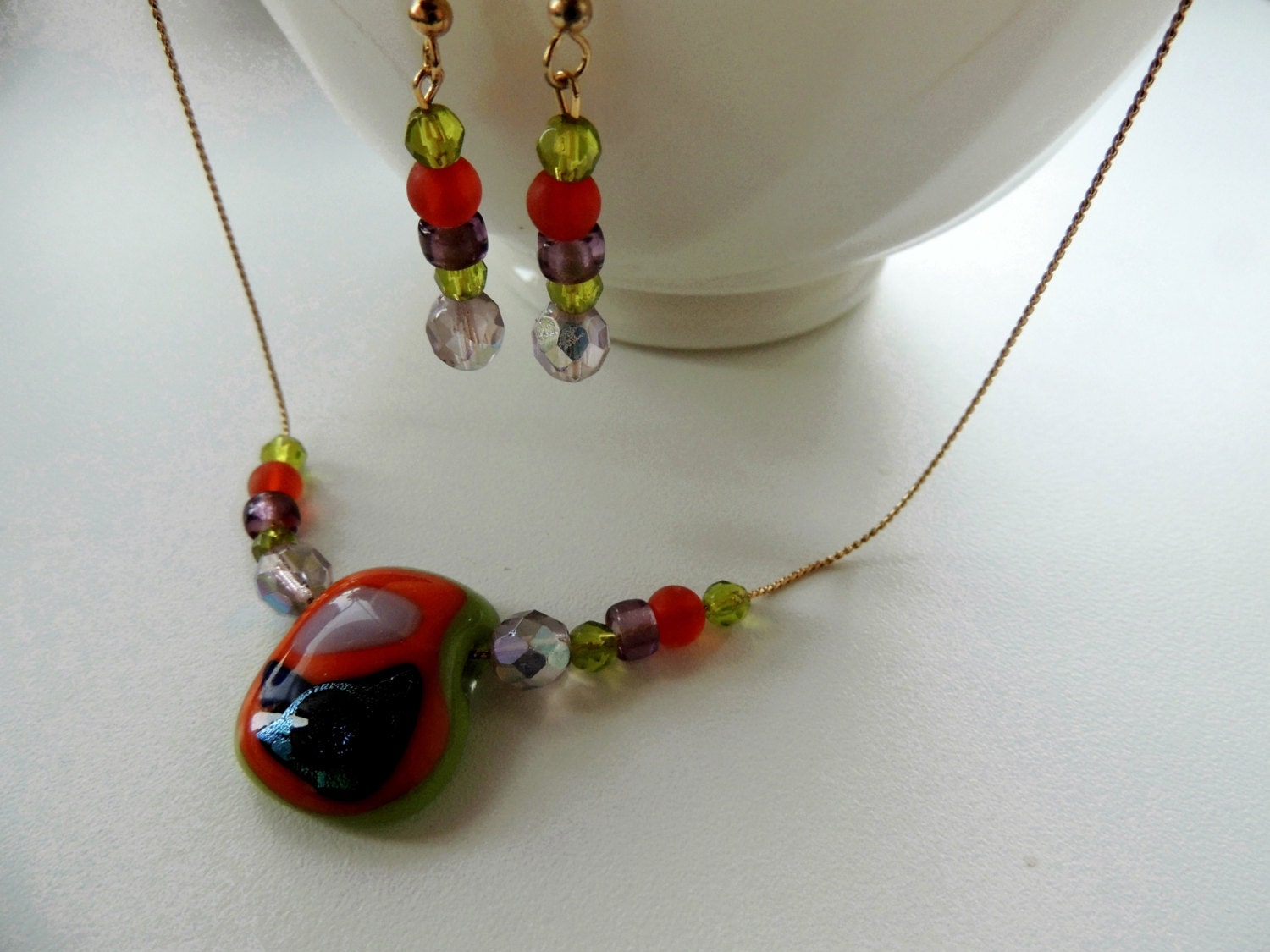 green orange fused glass necklace and earrings,jewelry set,glass necklace and earrings,glass beads earrings,gift for her,handmade jewelry - Homeforglasslovers