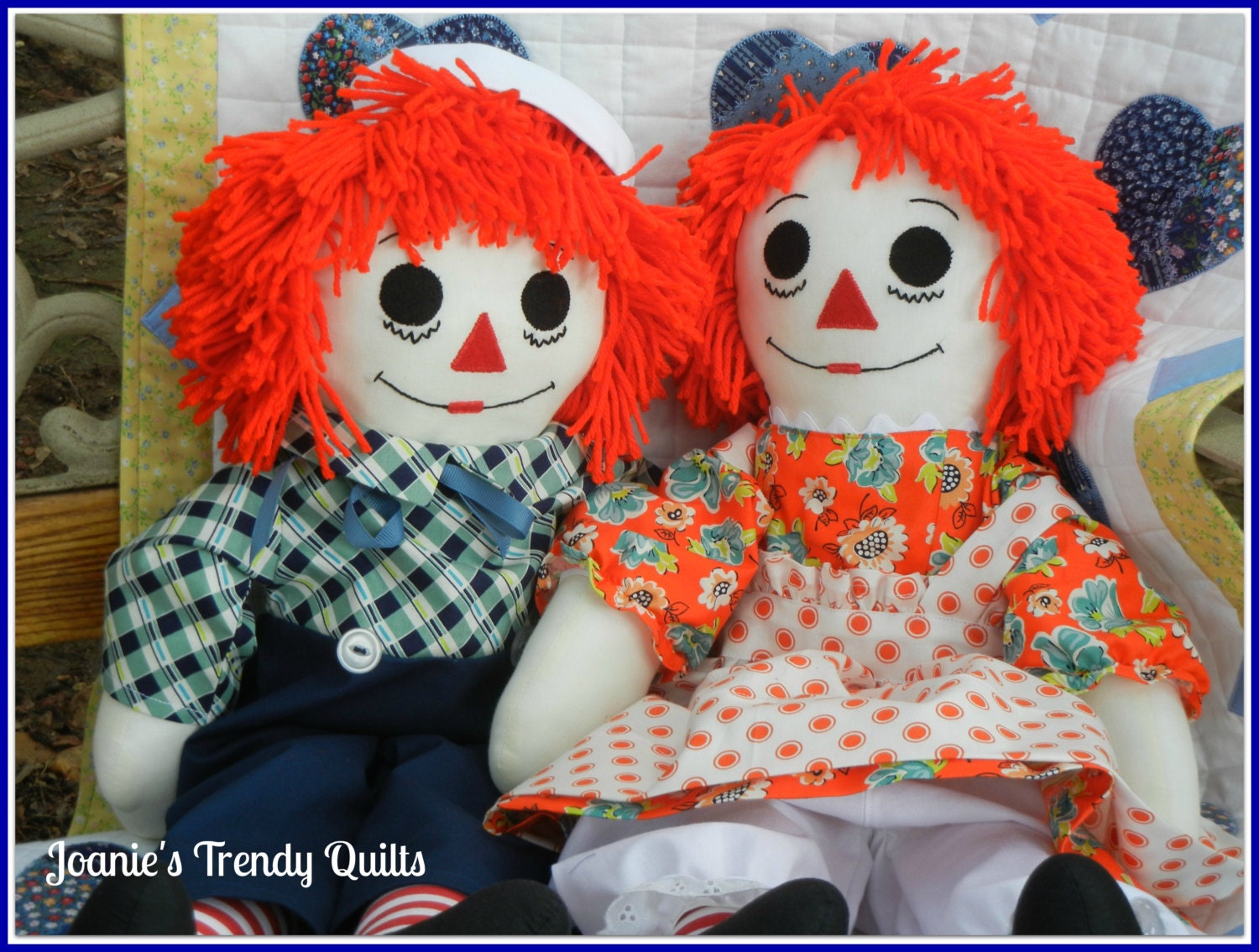 Raggedy Ann and Andy set. 25" in size. Clothing made with premium cotton fabric. Embroidered heart with "I Love You."