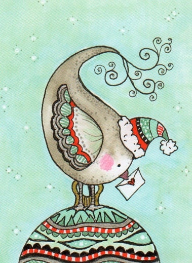 Christmas Greeting card: Folded card with envelope - little grey Christmas dove in turquoise and red.