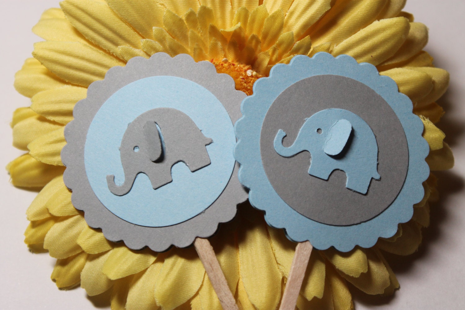Baby Blue and Light Grey Elephant Baby Shower Cupcake Toppers