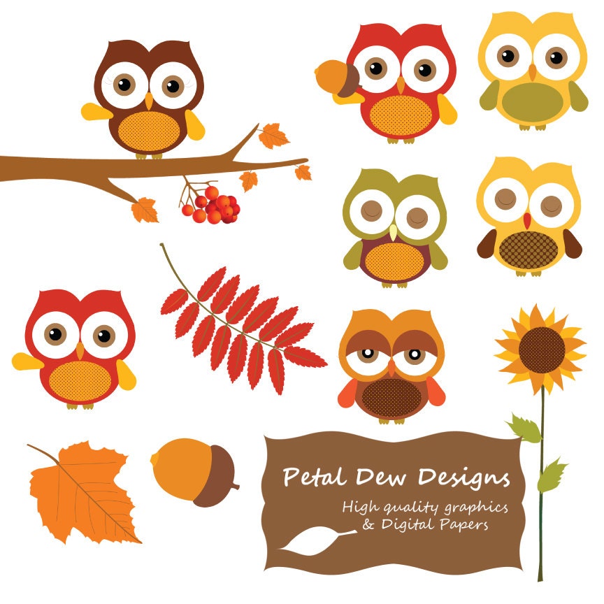 Digital autumn fall owl cliparts - Petaldewdesigns