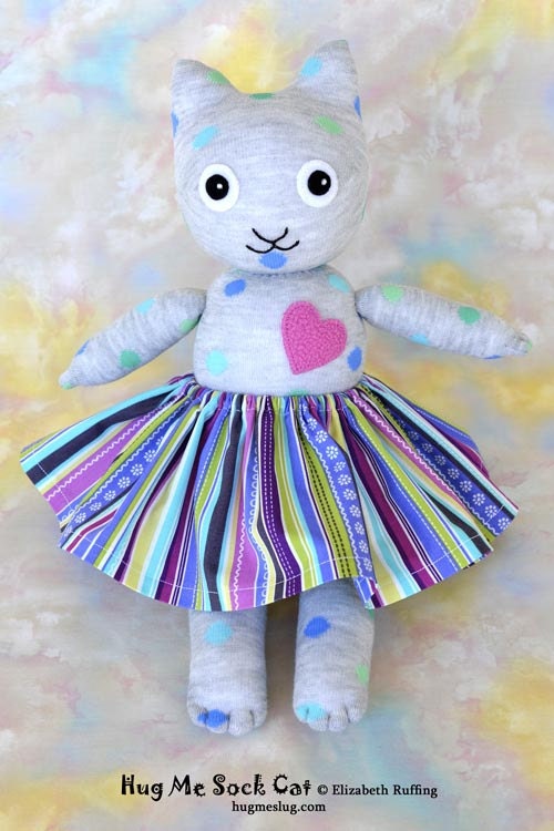 Handmade Sock Cat with Skirt, Stuffed Animal Doll Art Toy, Hug Me Sock Cat, Personalized Tag, Gray, Blue, Polka Dotted, 16 inch, Ready-made
