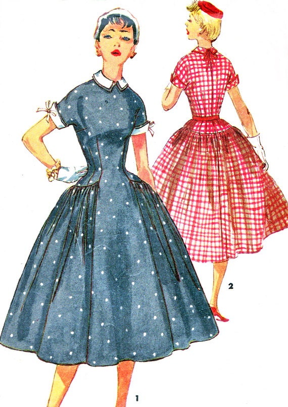 1950s Dress Pattern Simplicity 1042 Full Skirt Drop Waist Day or Evening Dress Detachable Collar and Cuffs Vintage Sewing Pattern Bust 30