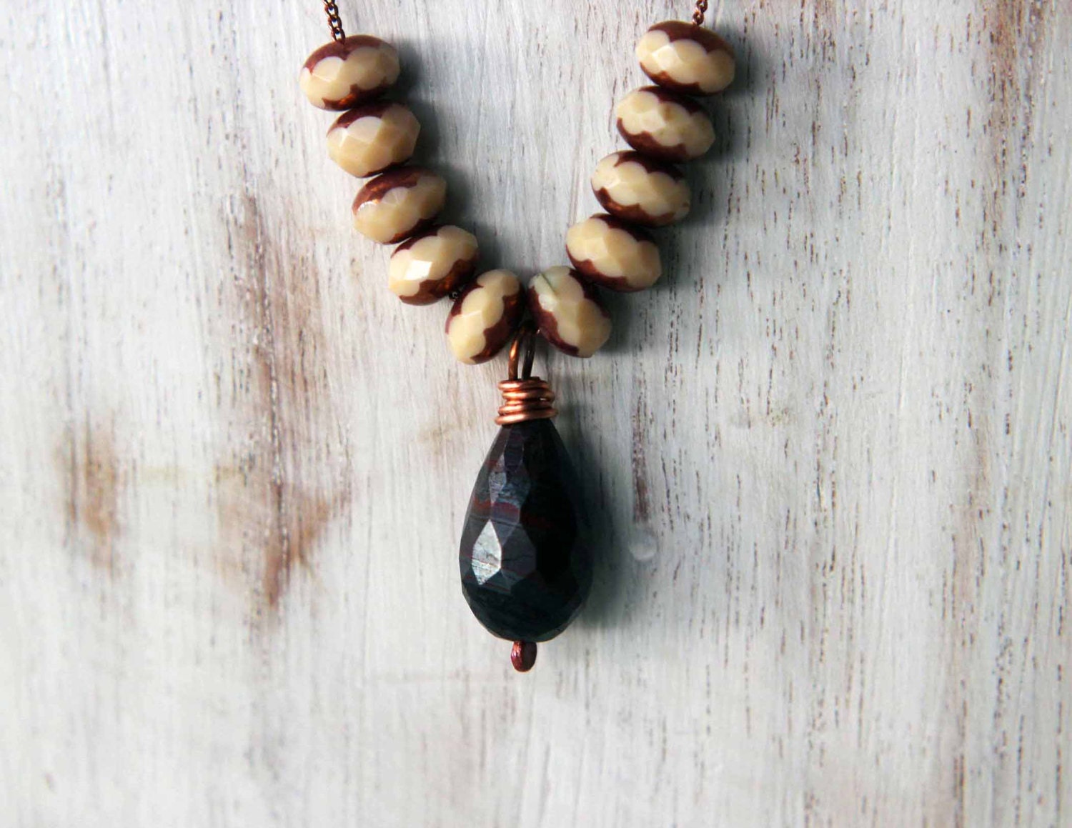 Hematite Drop Pendant Rust Red Iron Oxide Necklace, Metallic Gray Cream Czech Glass, Copper