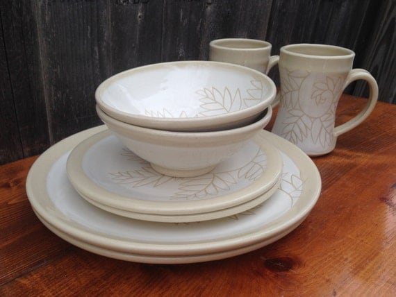 White Fern Pottery Dinnerware Sets for 2 people by jeansclaystudio