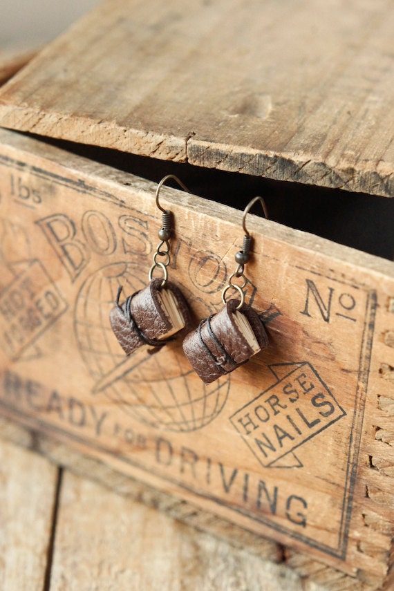 Brown Mini Leather Journal Earrings - Handmade Mini Book Jewelry