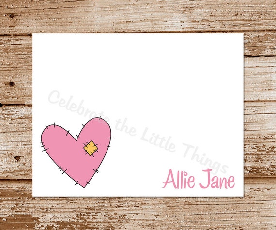Set of 8 / Stitched Heart Personalized Stationery / Tattered Heart Note Cards / Thank You Notecards Il_570xn