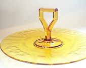 Antique Cambridge Glass Serving Tray, Amber Glass Dessert Plate, Center Handle Tidbit Tray