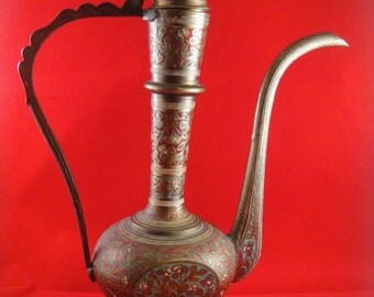 Moroccan Style Brass Teapot with Emboss Flowers Painted Turquoise and Red India