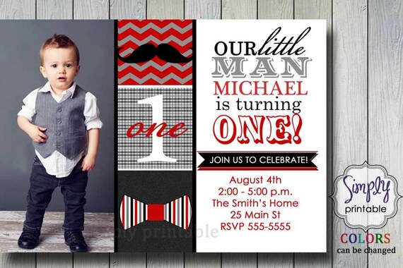 Red Little Man Bowtie & Mustache Printable Invitation Il_570xn