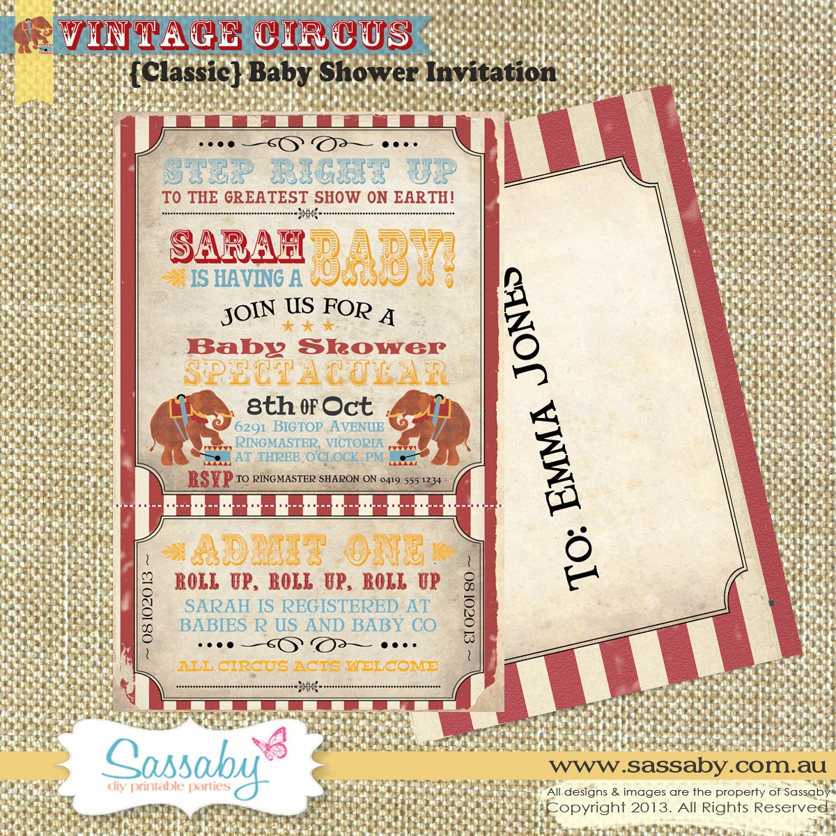 Vintage Circus Baby Shower Invitation - Classic Colours - DIY PRINTABLE FILE by Sassaby Il_570xn