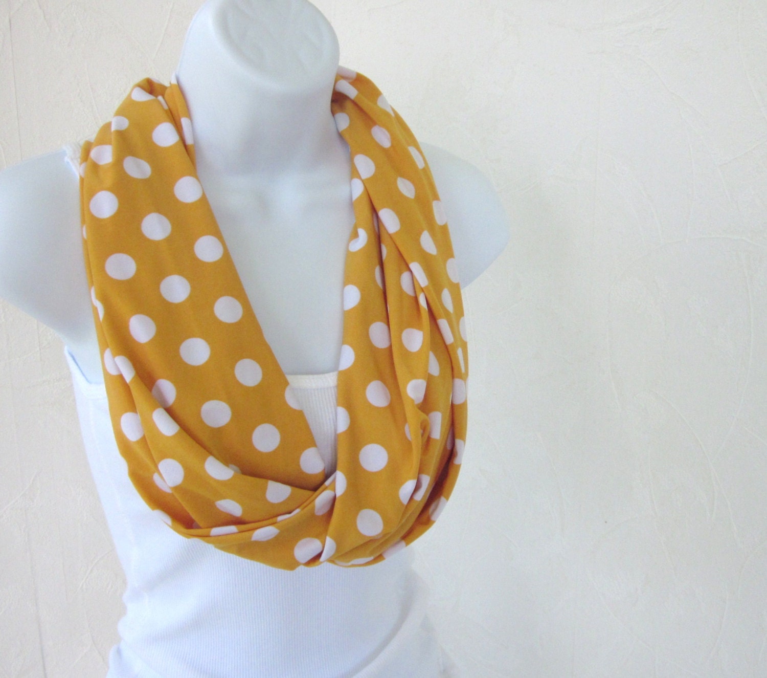 Polka Dot Infinity Scarf Golden Maize Yellow Jersey Knit Single Loop Scarf Summer Fashion Handmade by Thimbledoodle - thimbledoodle