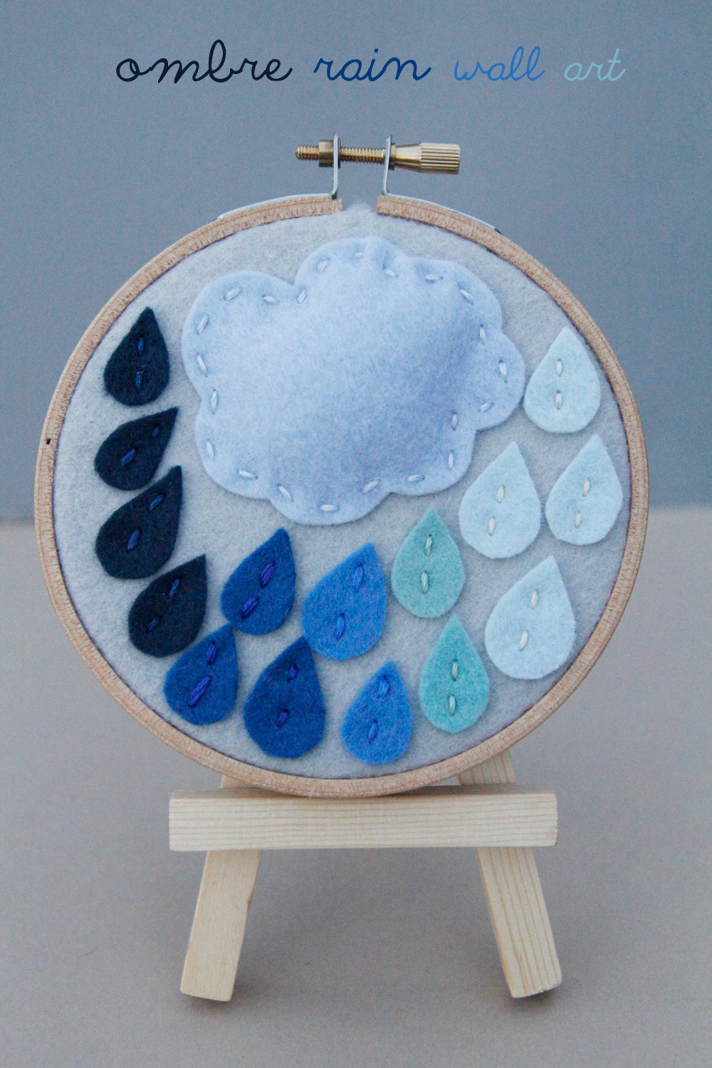 Blue Ombre Rain Drops and Puffy Cloud Wall Art Embroidery Hoop by Catshy Crafts - CatshyCrafts