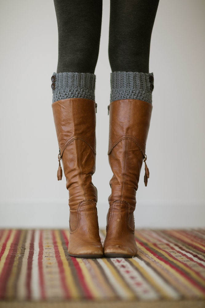 Knitted Boot Cuffs, Faux Leg Warmers, or Boot Toppers with Chunky Knit and Wooden Working Buttons for Women and Teens in Dark Gray