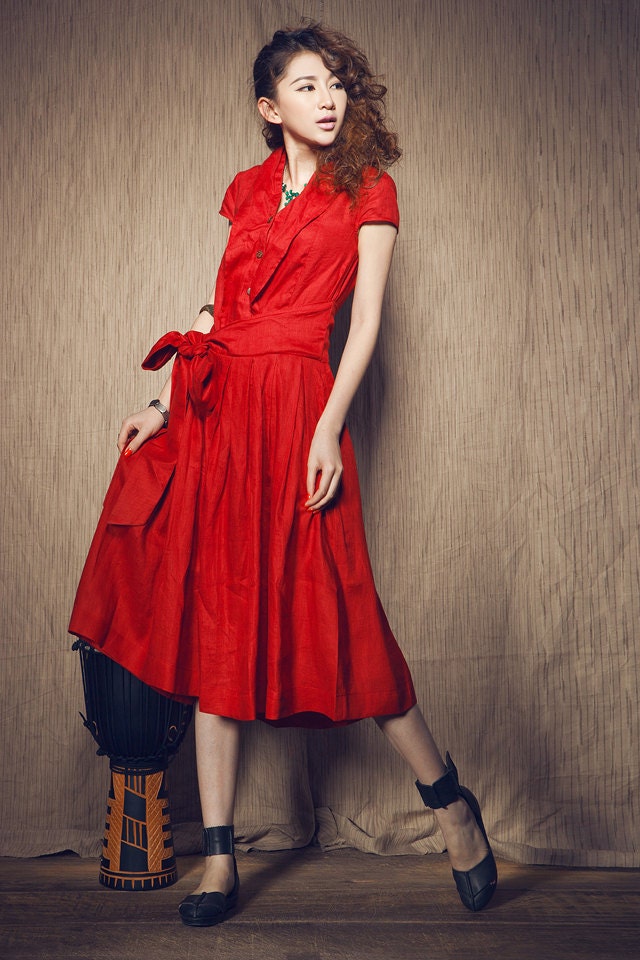 Linen Dress Gown Red Cocktail Dress (Custom Made)
